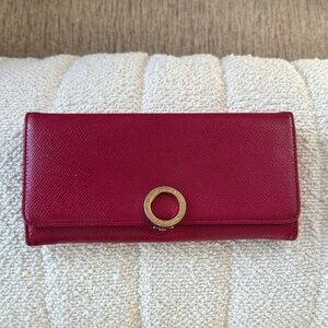 BVLGARI Clip Leather Long Bifold pink with purple interior Wallet.